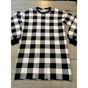 Flat White Black Buffalo Plaid Sweater Dress Tunic Sz M Balloon Sleeve